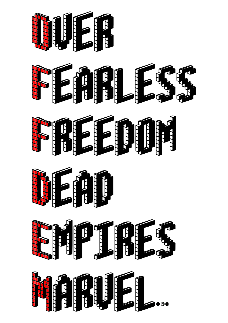 OFFDEM acronym: Over Fearless Freedom Dead Empires Marvel, with red initials on a blocky font.