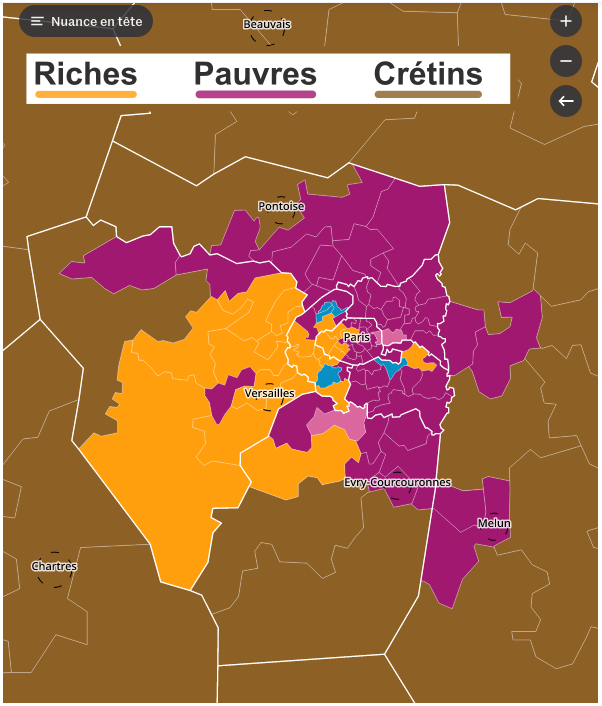 Carte des résultats aux élections législatives en France, montrant le détail de la Région Parisienne, où l'on voit « la nuance en tête », jaune et bleu pour la droite, dans l'ouest parisien, violet pour la gauche, dans l'est et le nord, et tout autour du brun pour les fachos. La légende réduit les couleurs à trois, respectivement : Riches, Pauvres et Crétins.